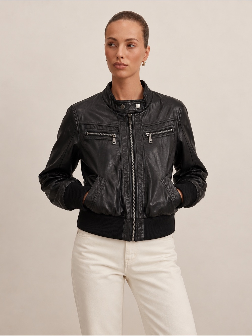 Ashley By 26 International Black Leather Bomber Jacket